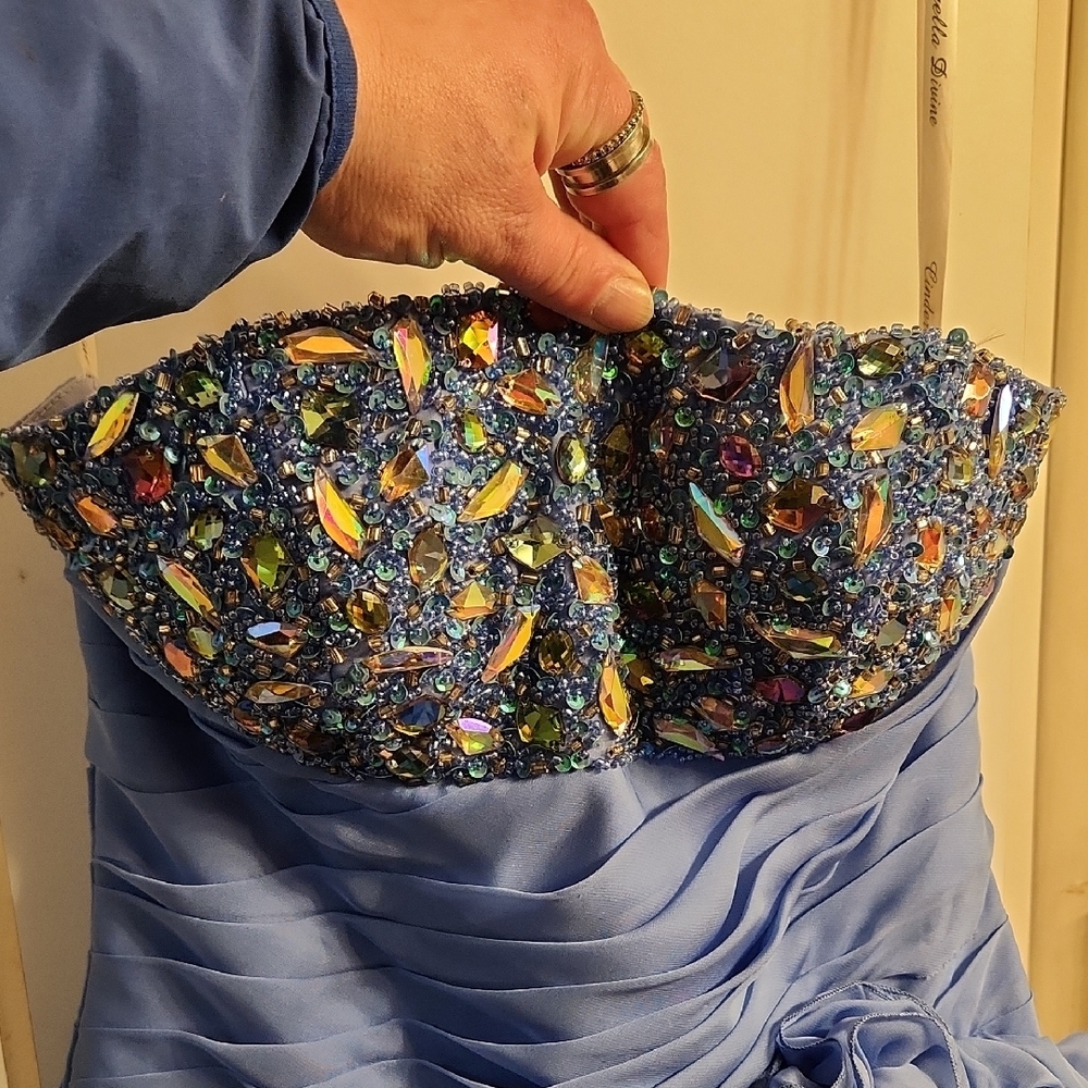 Cinderella Blue Strapless Dress with Floral Details - Picture 2 of 7